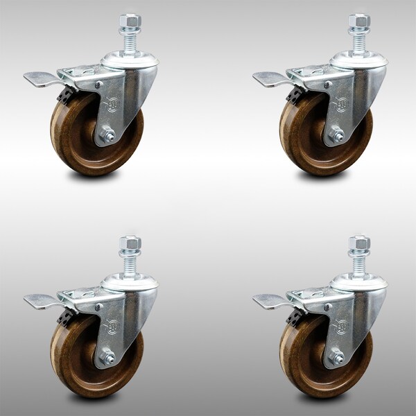 Service Caster 4 Inch SS High Temp Phenolic 1/2 Inch Threaded Stem Caster Set Total Lock Brake SCC-SSTSTTL20S414-PHSHT-121315-4 - main